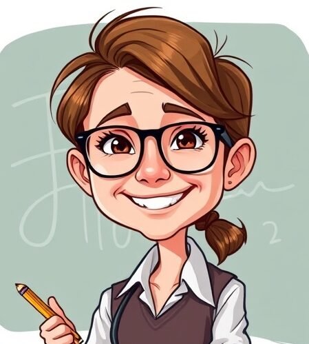 A caricature of a teacher holding a pencil at hand and smiling brightly.
