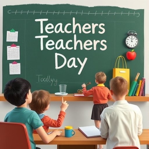 A classroom animated picture by AI where some children are sitting on bench and one is writing on the board " Teachers Teachers Day".