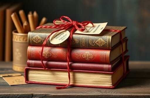Special edition books are tied with lace and kept on the table.