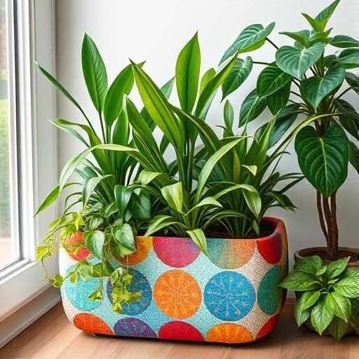 Two kind of plants kept in two planter. One is beautifully colored and the other one is simple, both kept by the window.