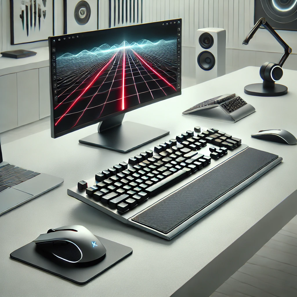 A high quality image featuring three distinct keyboards displayed on a clean white desk. The first is an ergonomic keyboard with a curved design and another one is designed for hand comfort.