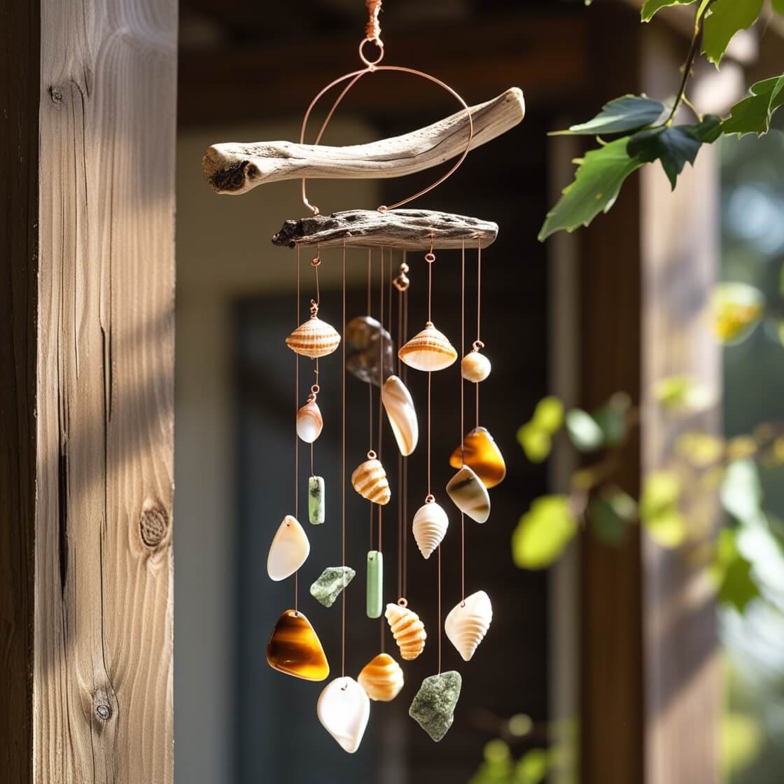 A handmade wind chimes made of wood and seashells.
