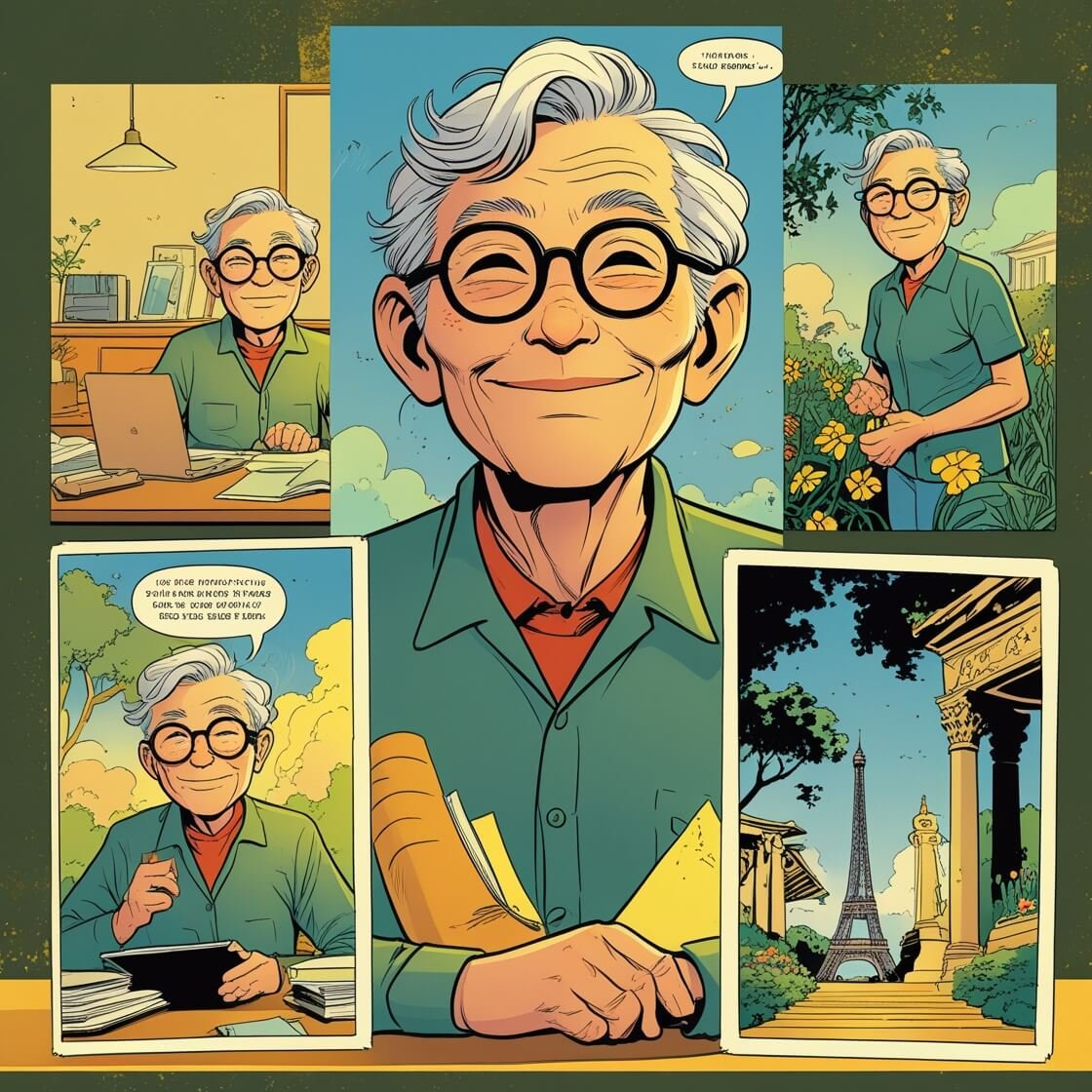 A comic book showcasing five pictures of an aged man's journey.